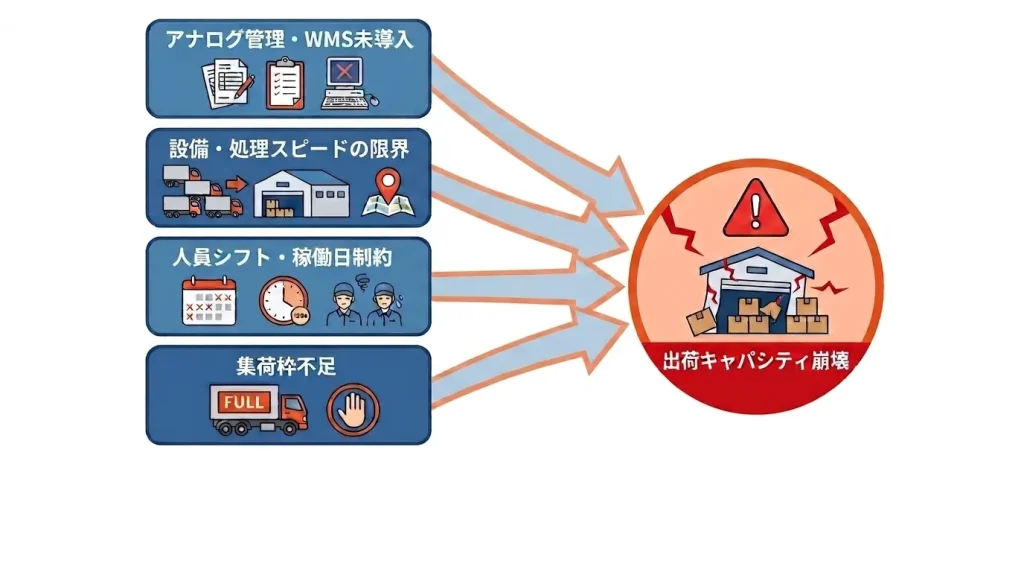 出荷キャパシティ崩壊を招く4つのボトルネックを表したイラスト