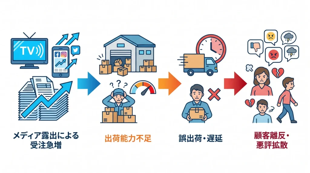 セール時・メディア露出時に起こりやすい出荷トラブルをまとめたイラストです。