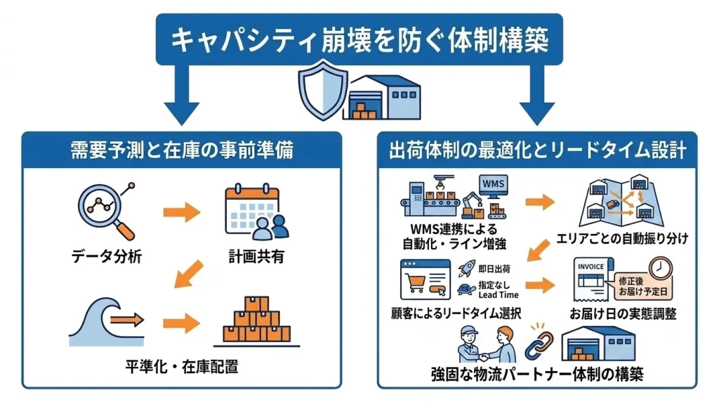 キャパシティ崩壊を防ぐ体制構築のポイントをまとめたイラストです。