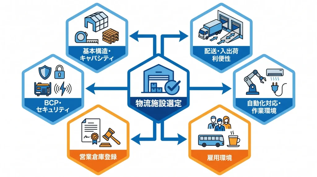 物流施設選定で確認すべきスペックを表す図