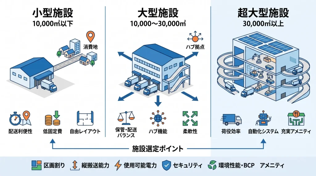 規模による物流施設の定義と特長を比較したイラスト